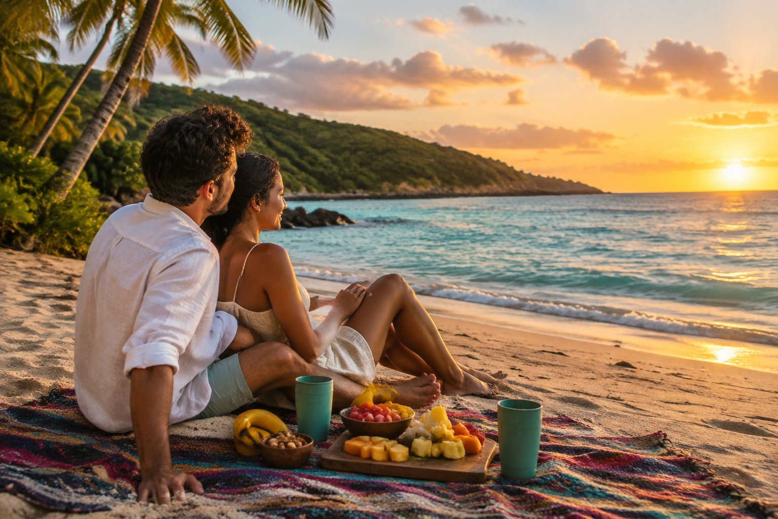 A couple enjoys a romantic picnic on a tropical Puerto Rican beach at sunset.