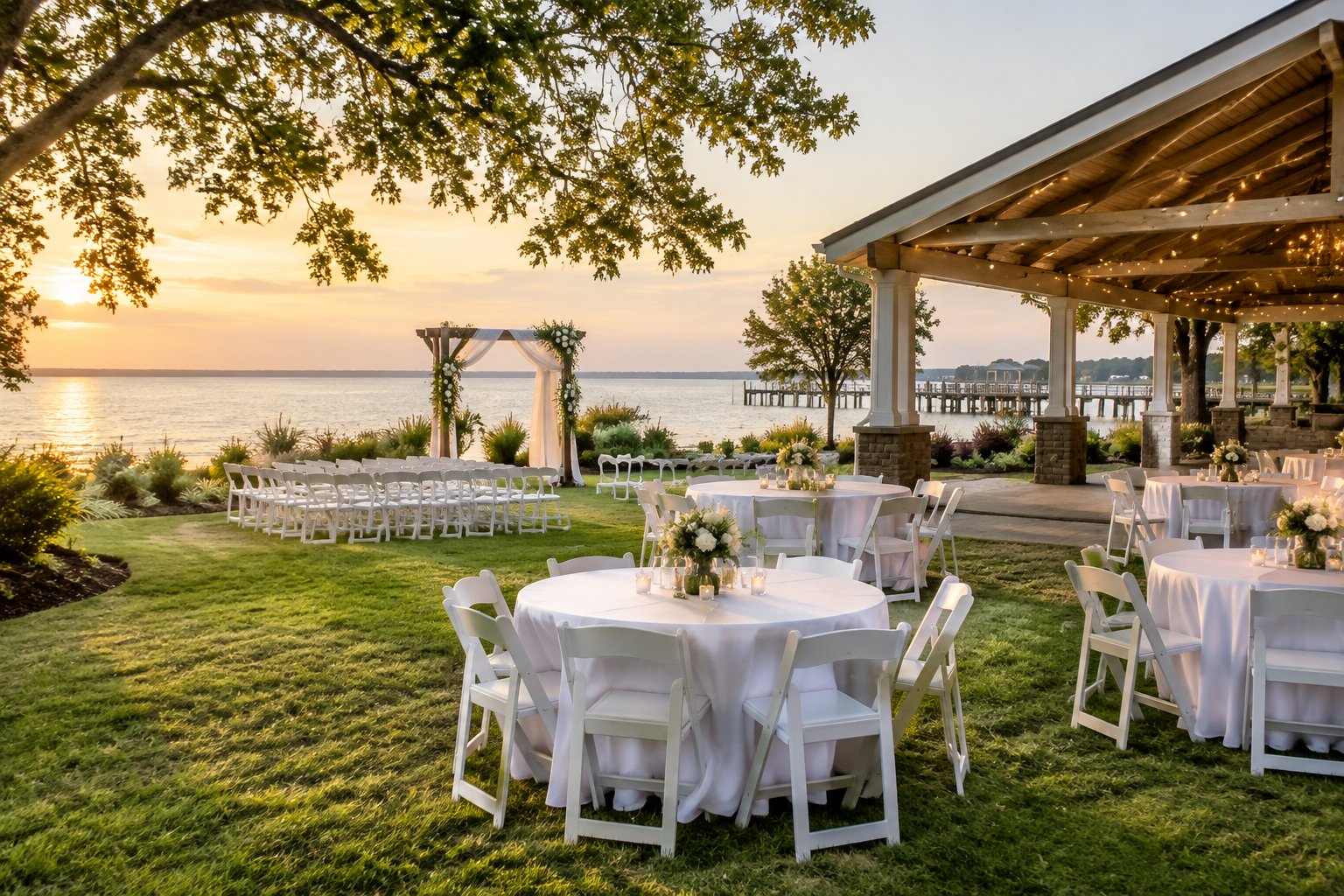 An affordable wedding reception venue with simple decorations, banquet tables, and coastal greenery near the waterfront.