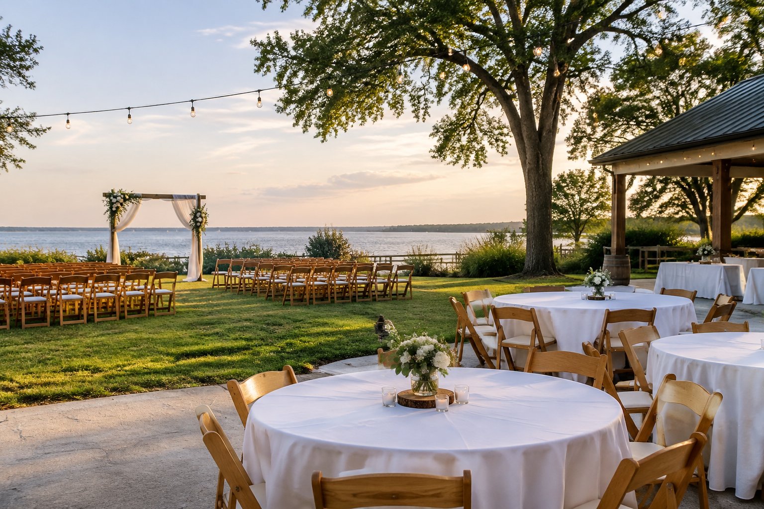 A modest wedding venue with simple tables, chairs, floral arrangements, and an outdoor ceremony area.