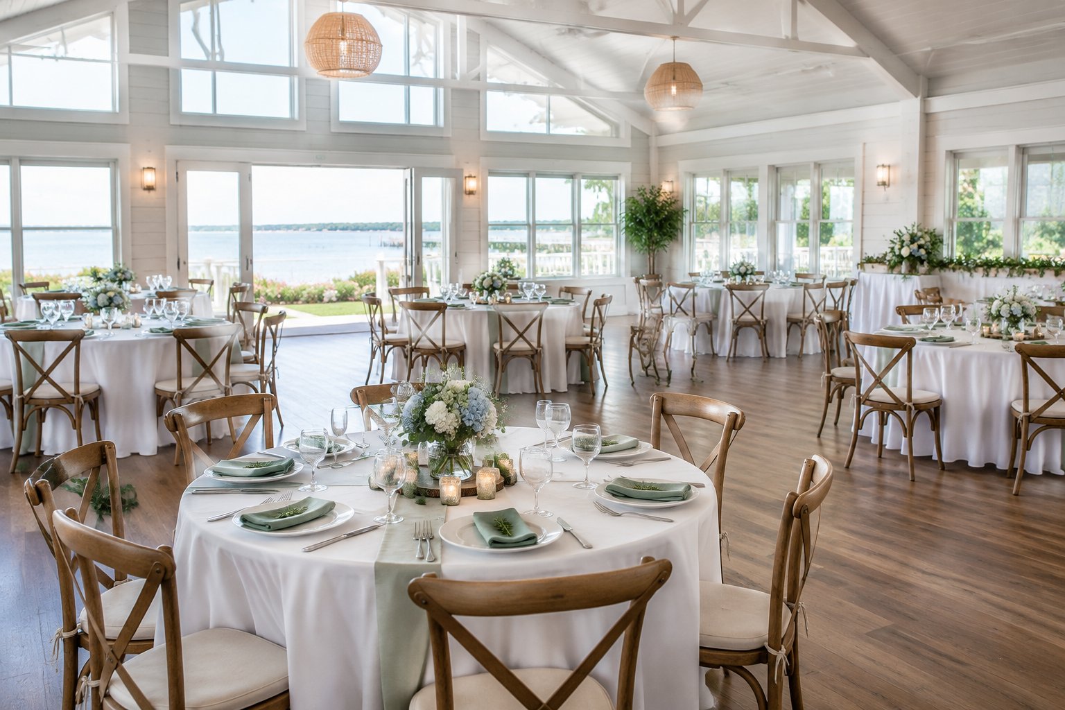 An affordable wedding reception setup with round tables and simple floral centerpieces in a bright coastal venue.