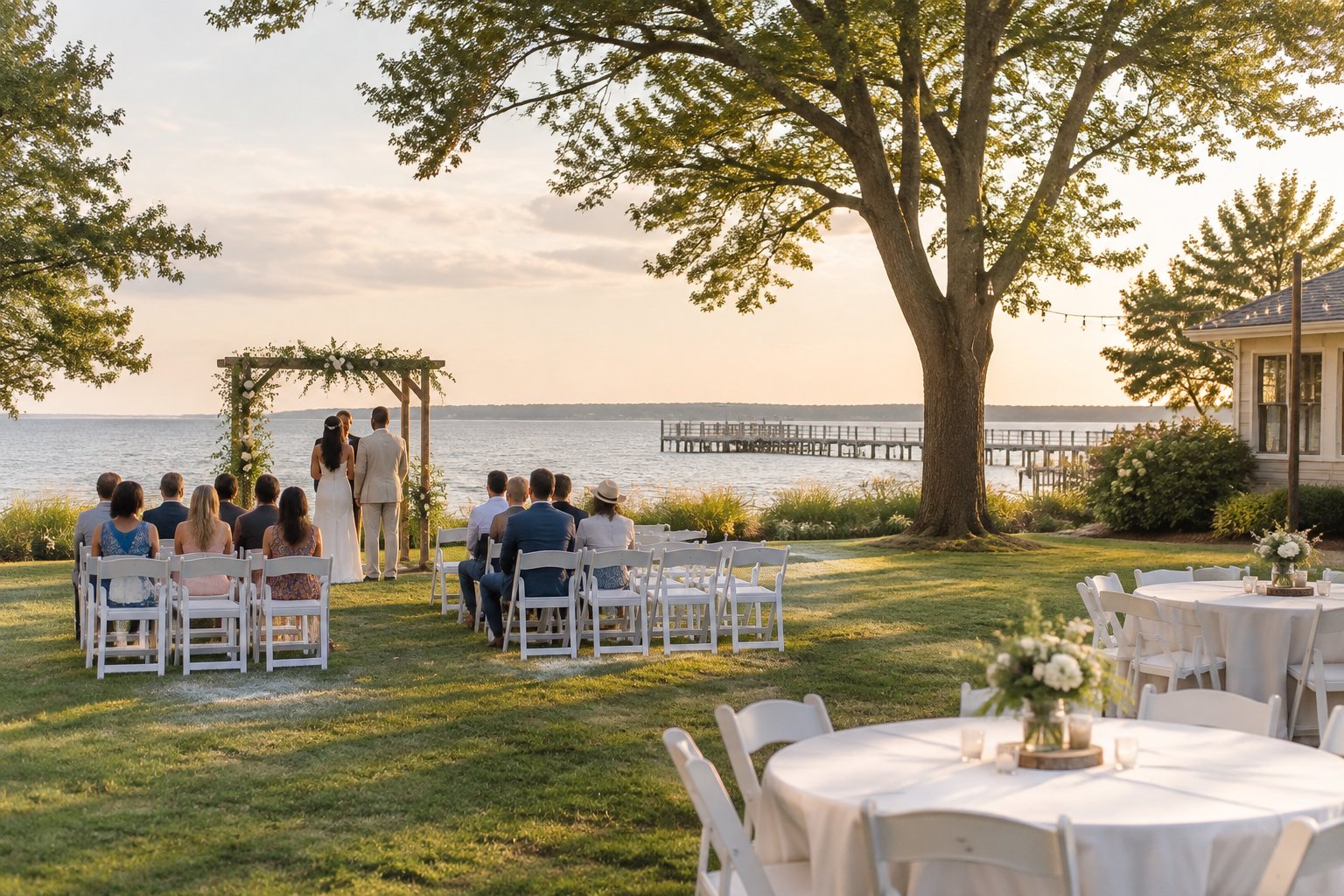 A simple outdoor wedding ceremony setup at an affordable waterfront venue with white chairs, a decorated arbor, and tables on a grassy lawn.