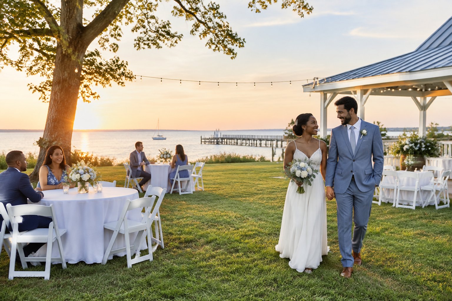 A couple and guests gather at a modest decorated outdoor wedding venue near the coast.