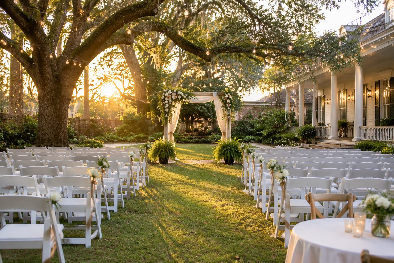 An affordable outdoor wedding venue with white chairs, simple decorations, oak trees, and warm evening light.
