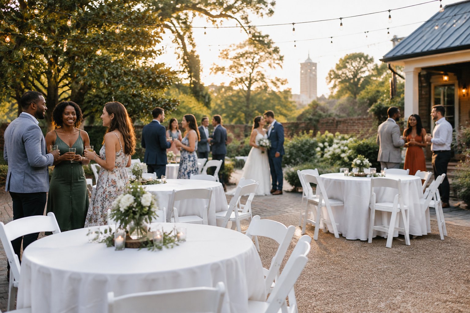 A small wedding reception with simple decorations and guests gathered at an outdoor venue.