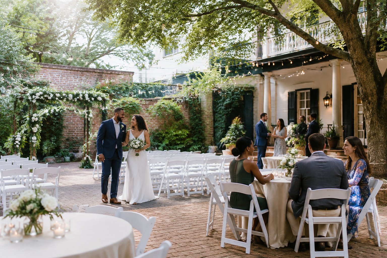 A couple and guests gather at an outdoor wedding venue with simple floral decorations, tables, chairs, and warm string lights.