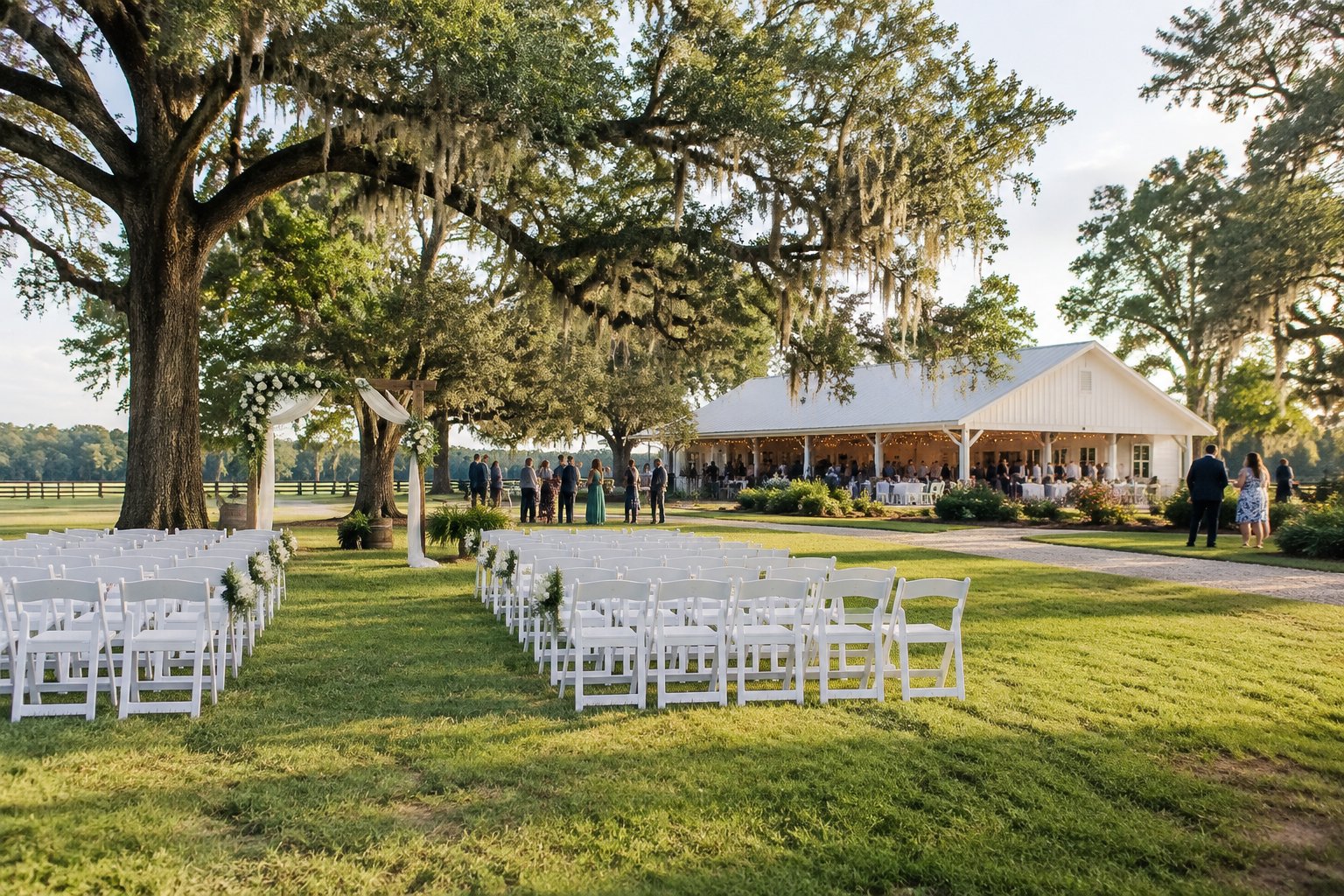 A modest wedding venue with outdoor chairs and a floral arch beneath oak trees near Baton Rouge.
