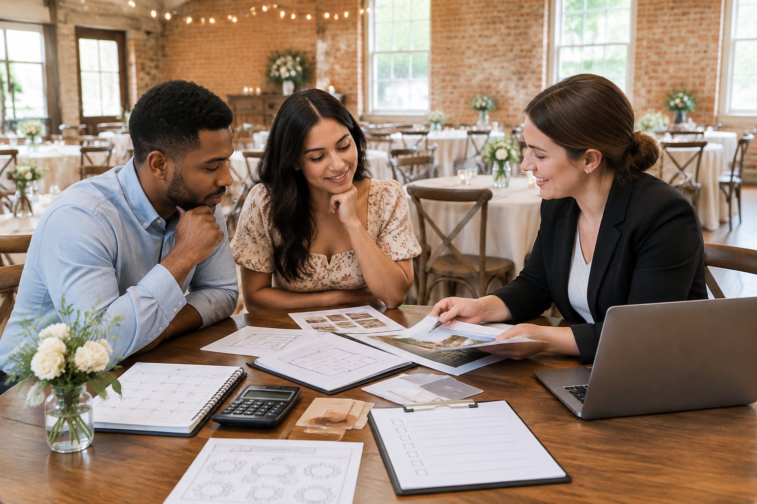 A couple meets with a venue coordinator to review wedding planning materials at an affordable reception venue.