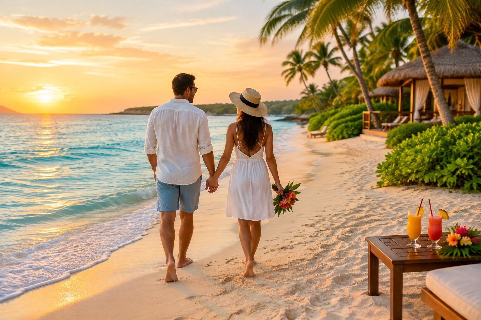 A couple walks hand in hand along a sunny tropical beach with palm trees and turquoise water.