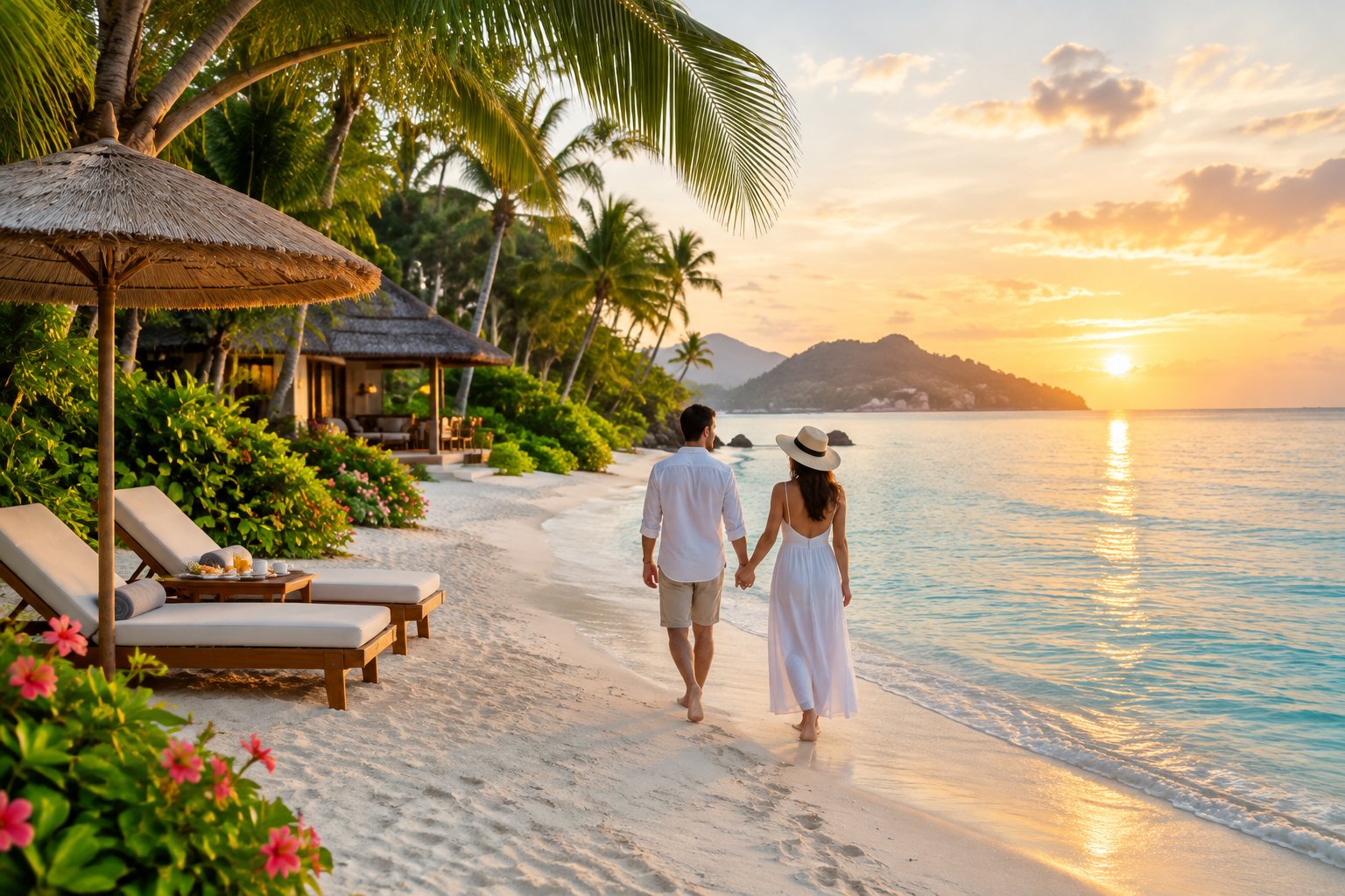A couple walks hand in hand along a tropical beach near a modest beachfront resort.