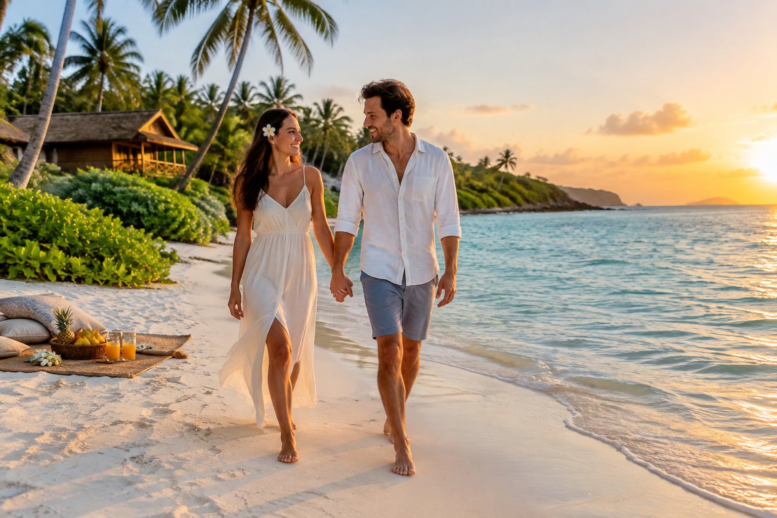A newlywed couple walks hand in hand along a sunny tropical beach near a simple beachfront bungalow.