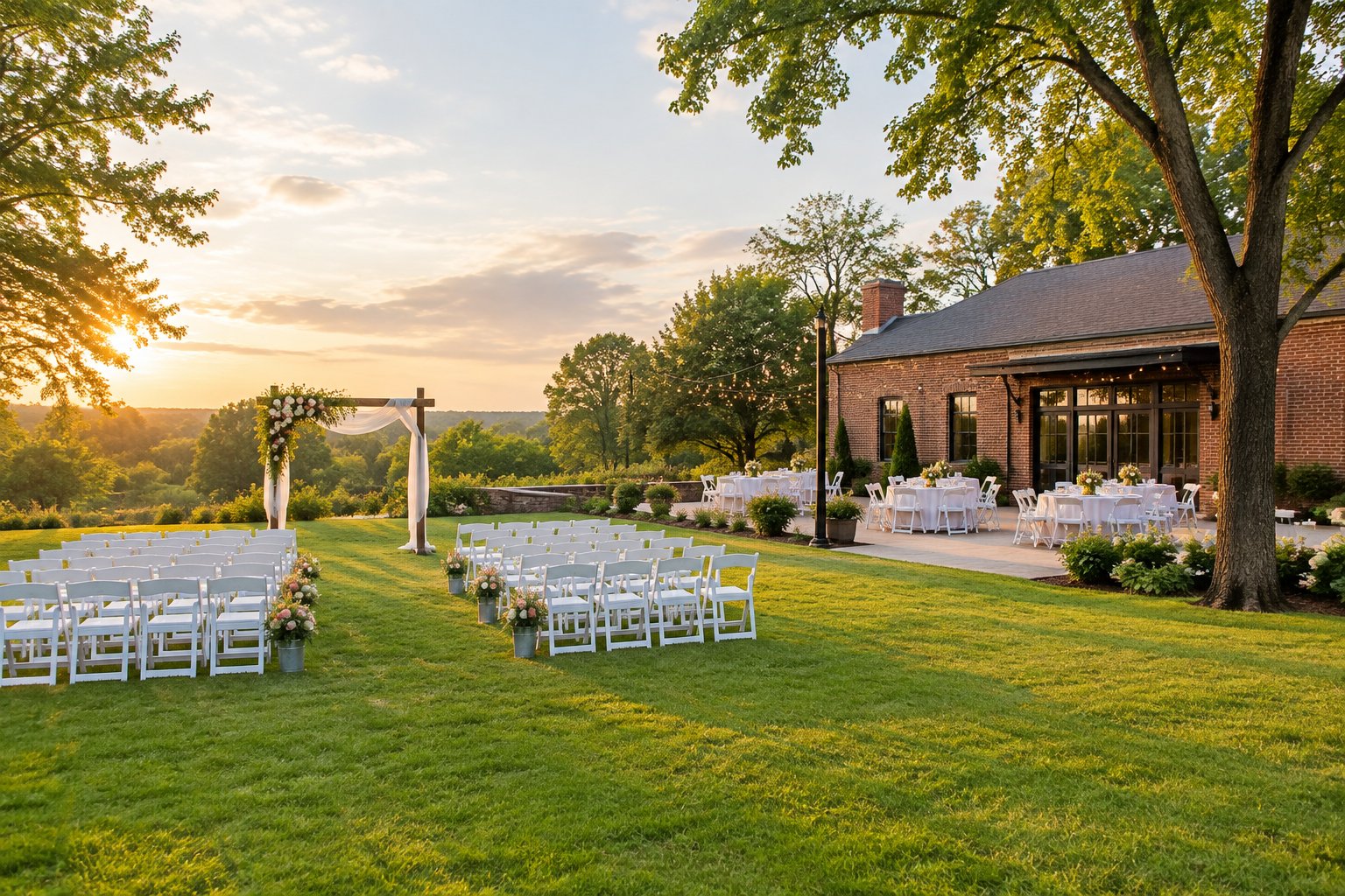 An affordable wedding venue with white chairs, a floral arch, and simple reception tables on a landscaped lawn.