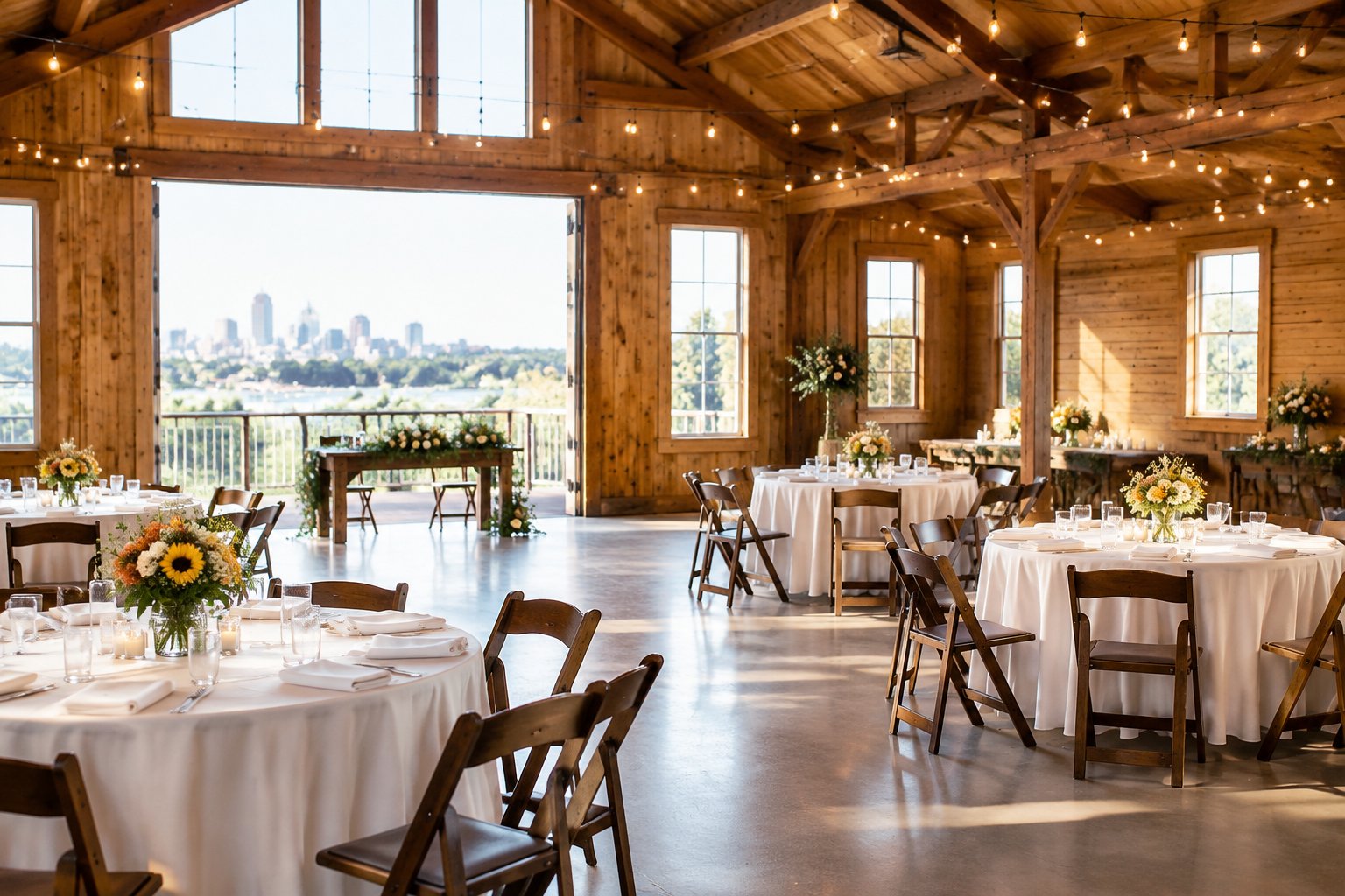 A modest and welcoming wedding reception venue in the Kansas City area with decorated tables, flowers, chairs, and warm lighting.