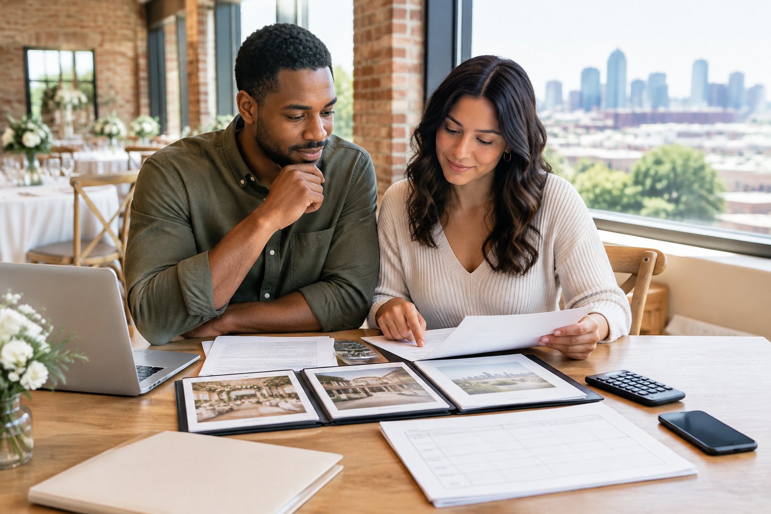 An engaged couple compares wedding venue estimates and budget materials at a table.