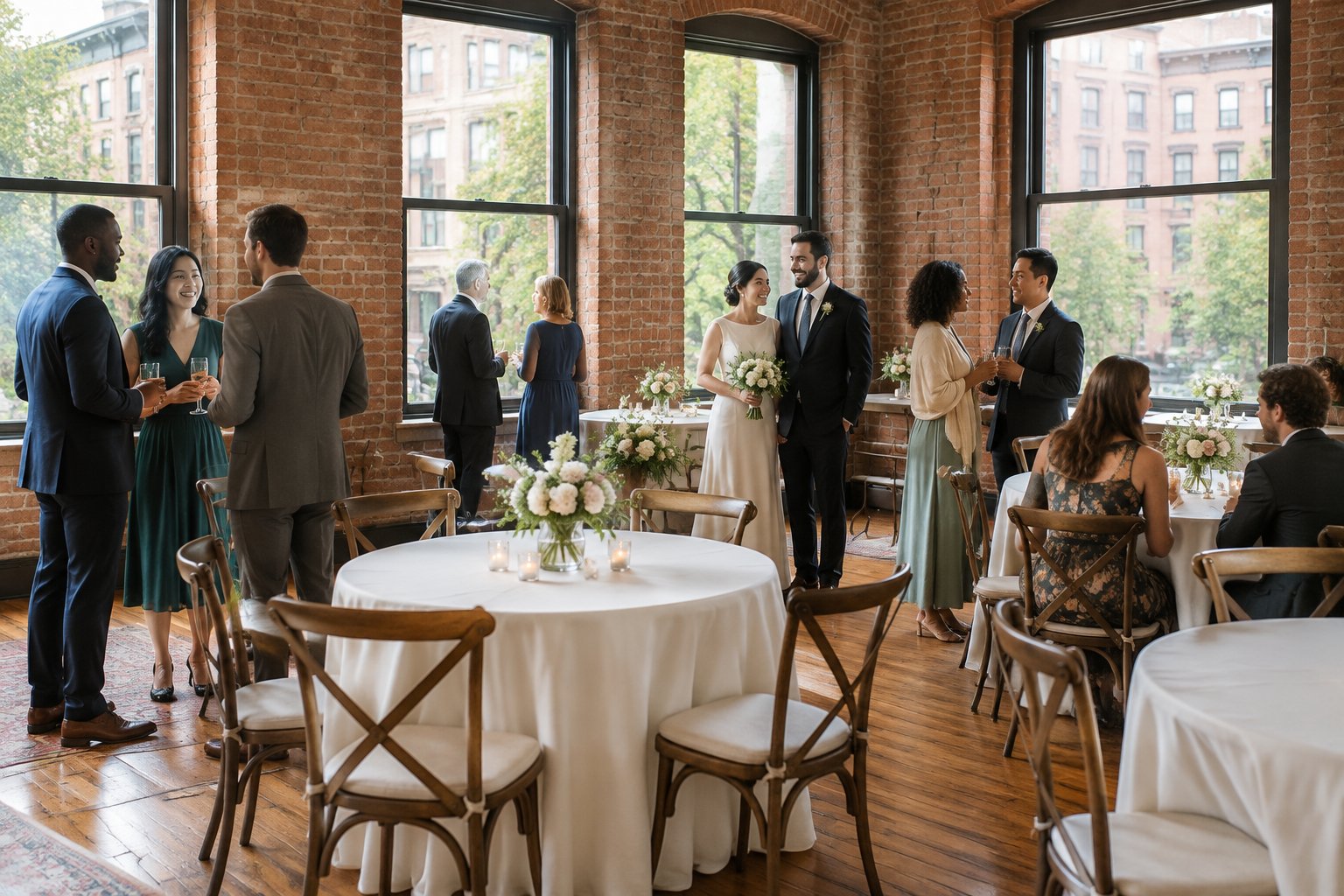 Guests celebrate at an intimate wedding reception in a charming Boston event venue.