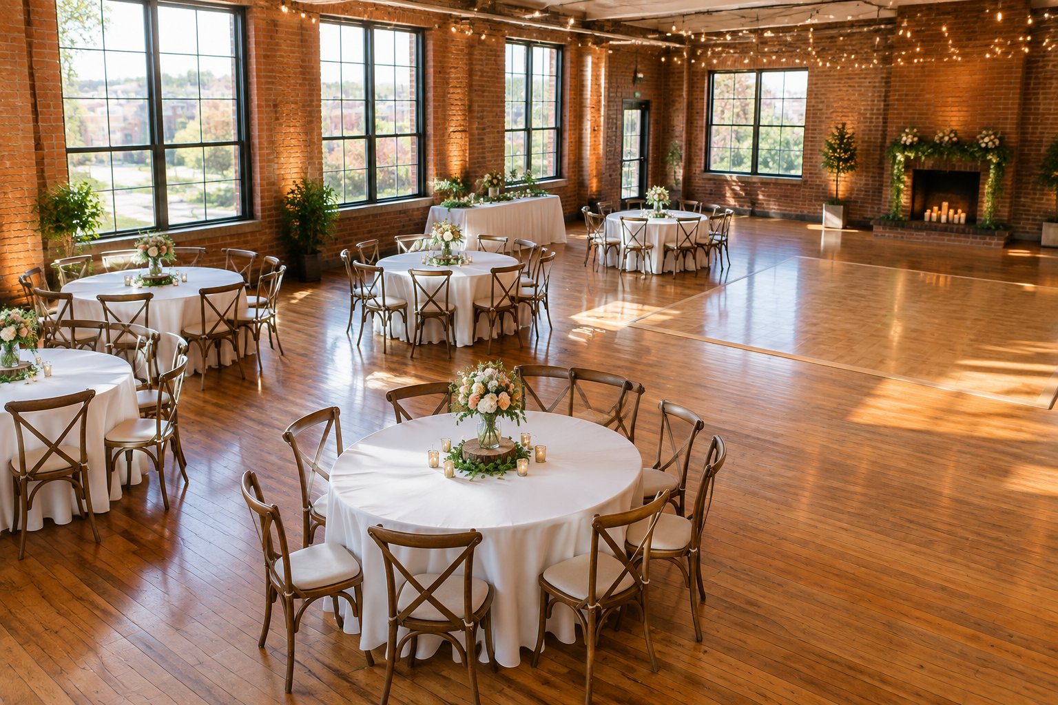 A warmly lit wedding reception room with simple tables, greenery, and string lights.