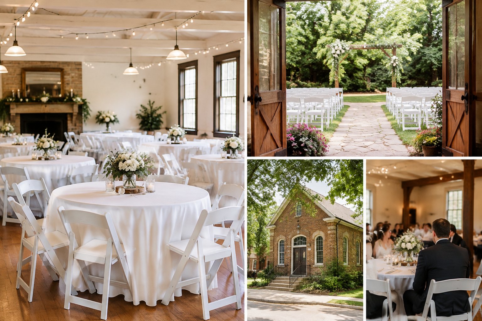 A modest, warmly decorated wedding venue with simple tables, floral centerpieces, and an outdoor ceremony area.