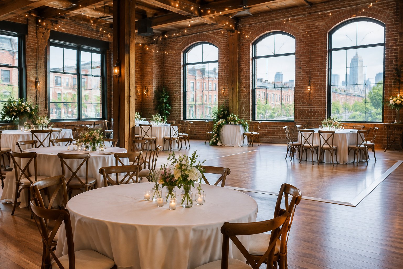 A warmly decorated wedding reception in an intimate Boston venue.