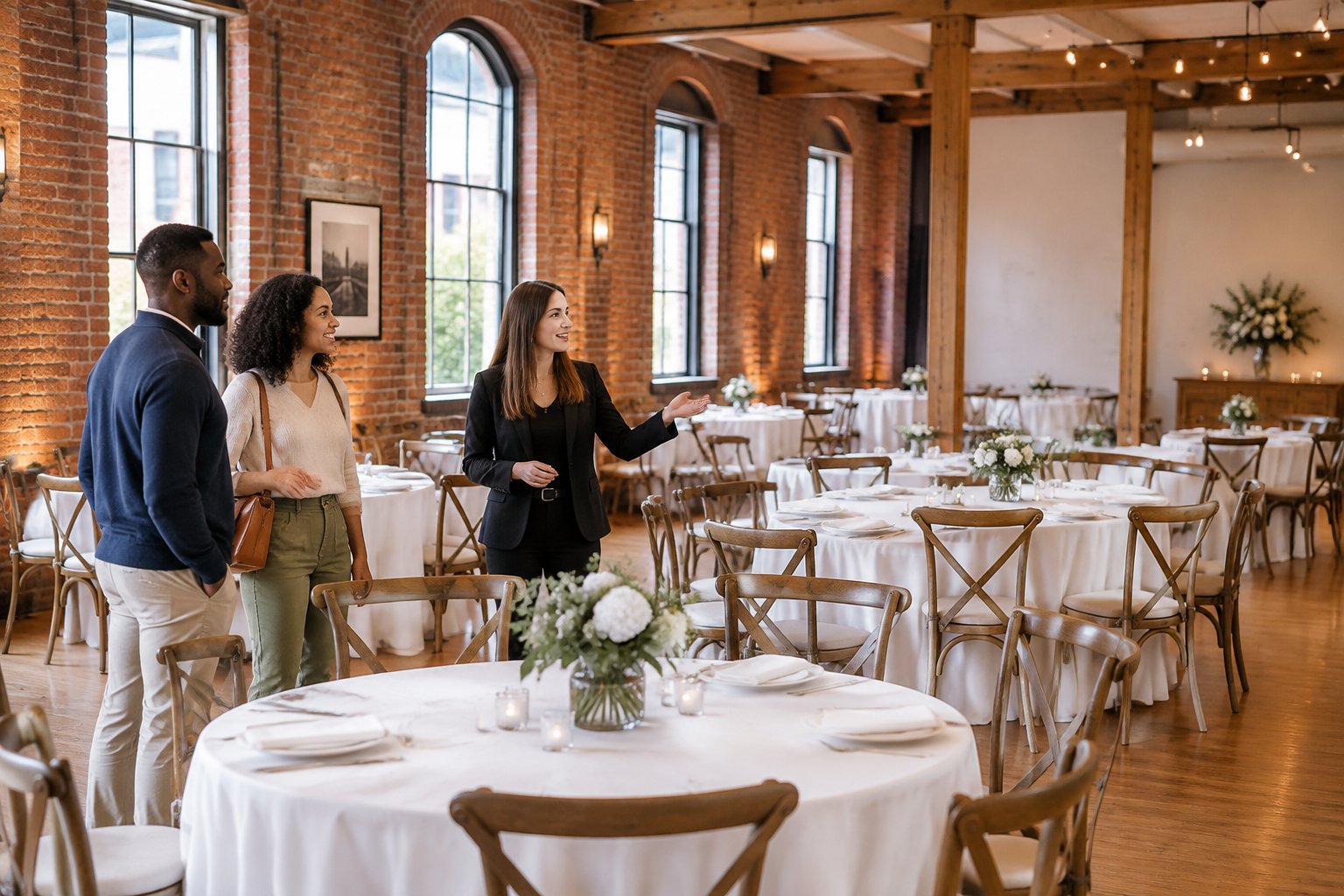 An affordable-looking wedding reception venue in Boston with simple floral centerpieces and people viewing the setup.