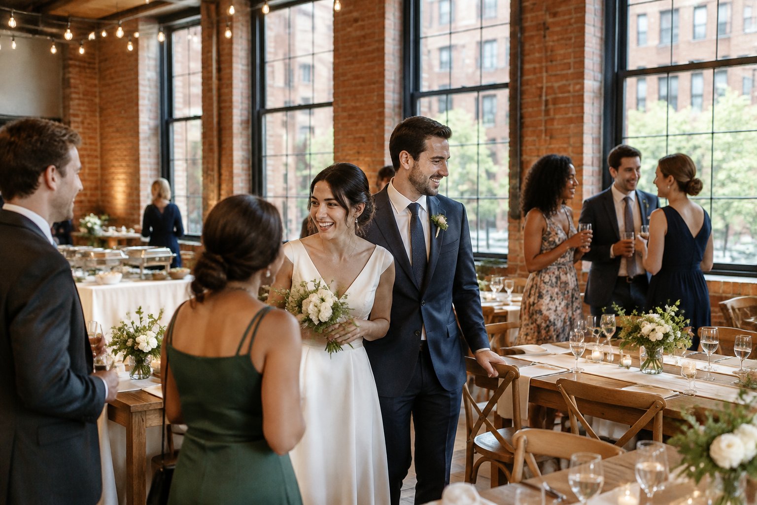 A couple welcomes guests at an affordable wedding reception in a charming Boston event space.