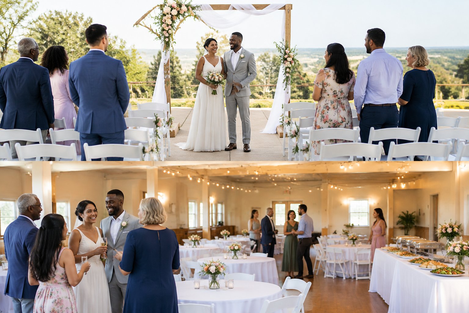 A couple celebrates an affordable wedding with family and friends in a simply decorated event hall.