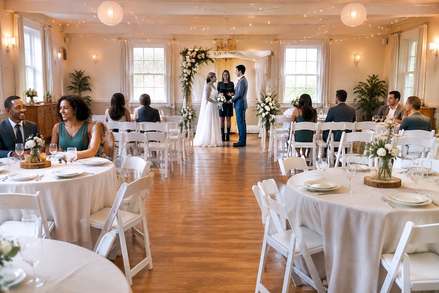 An intimate wedding ceremony and reception arranged in a simply decorated community venue.
