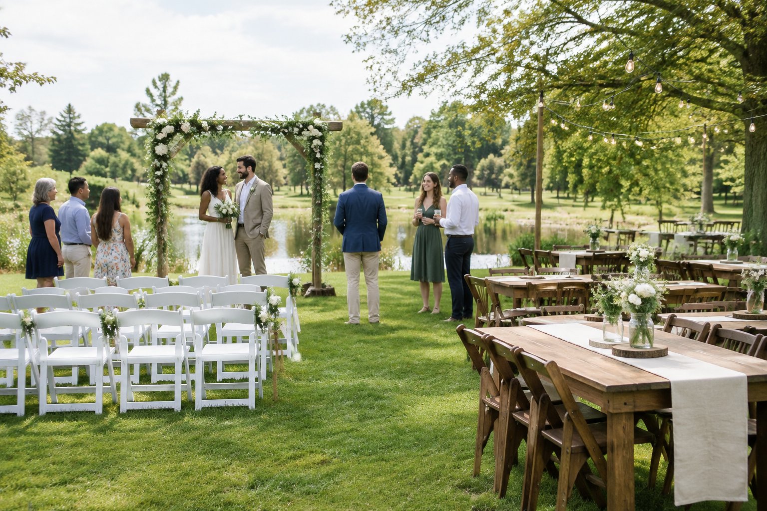 A couple celebrates with guests at a simple outdoor wedding ceremony and reception in a garden setting.