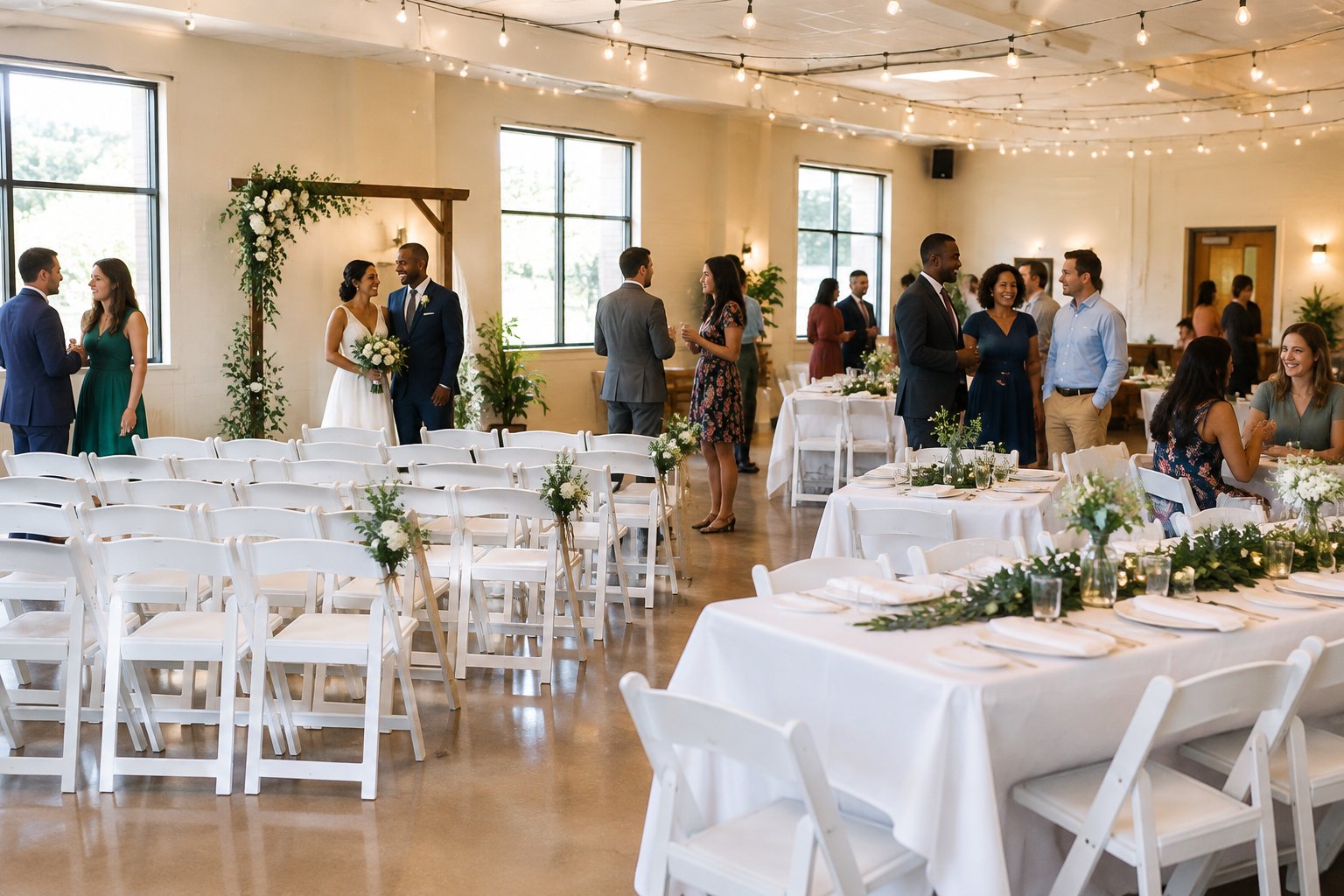 A couple and guests gather in a modest community hall decorated for an affordable wedding ceremony and reception.