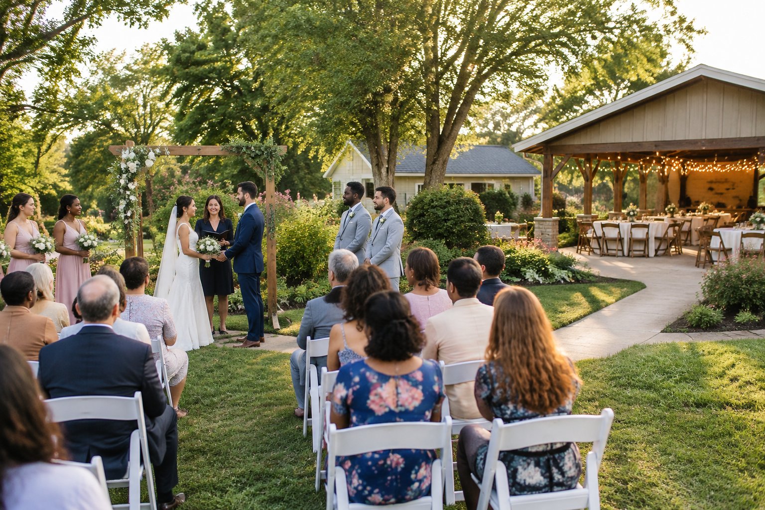 A small outdoor wedding ceremony with simple decorations and a nearby reception area arranged with tables and lights.