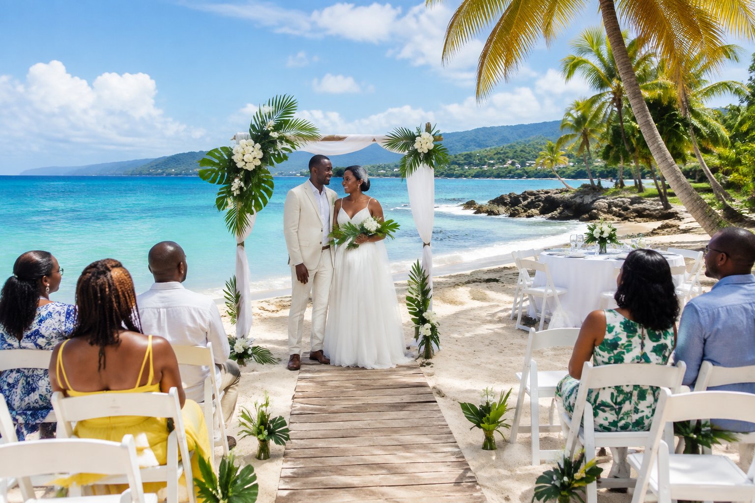 A couple stands beneath a simple wedding arch at an affordable Jamaican beach venue with chairs, palm trees, and turquoise water.