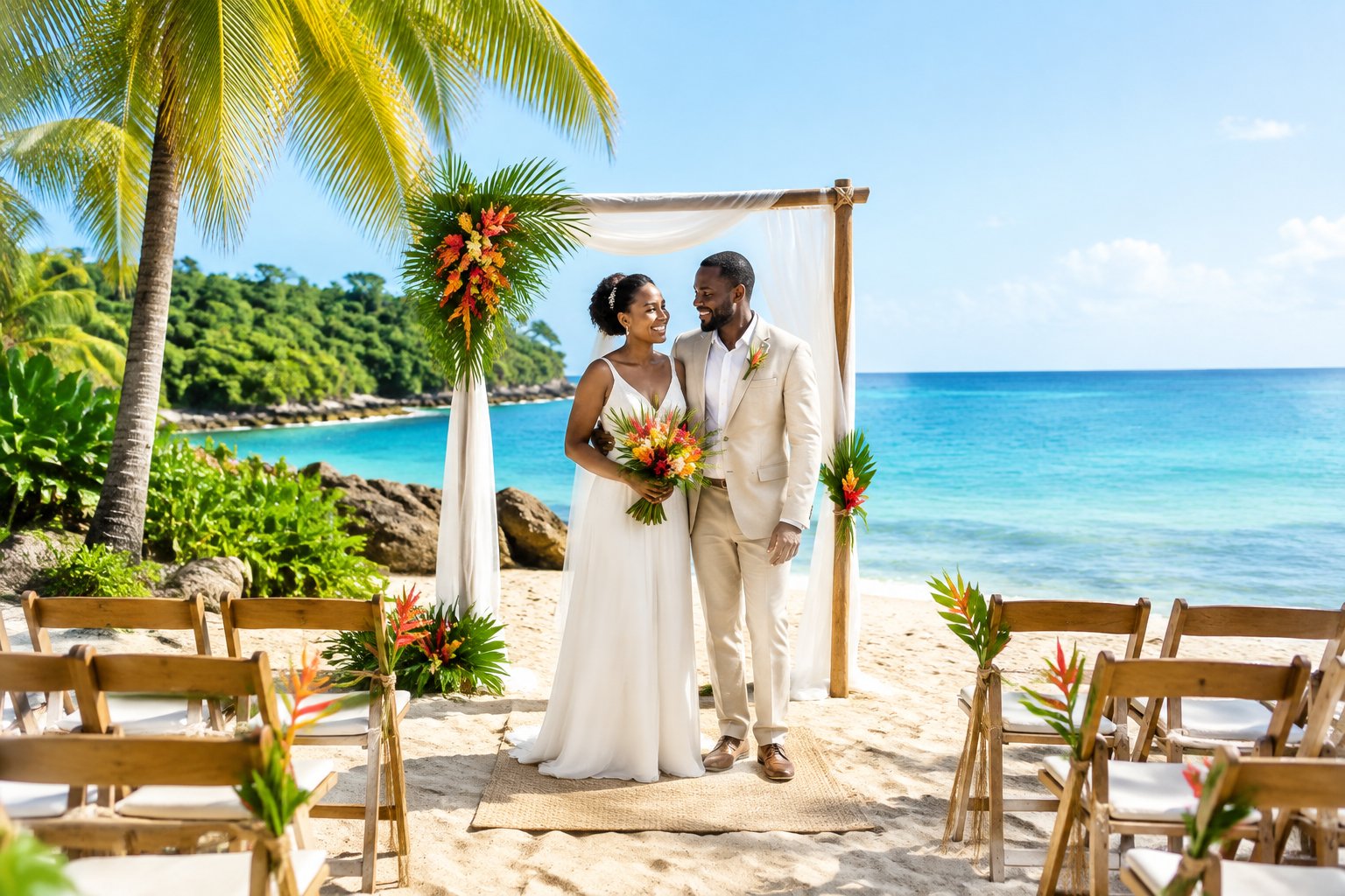 A newlywed couple stands beneath a simple tropical wedding arch at a scenic Jamaican beach venue.