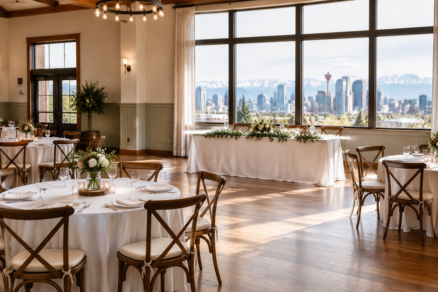 An affordable wedding reception venue in Calgary decorated with simple elegant tables and greenery.
