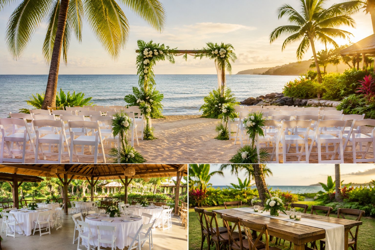 A simple tropical wedding setup with white chairs, a floral arch, and rustic tables beside lush greenery and the sea.