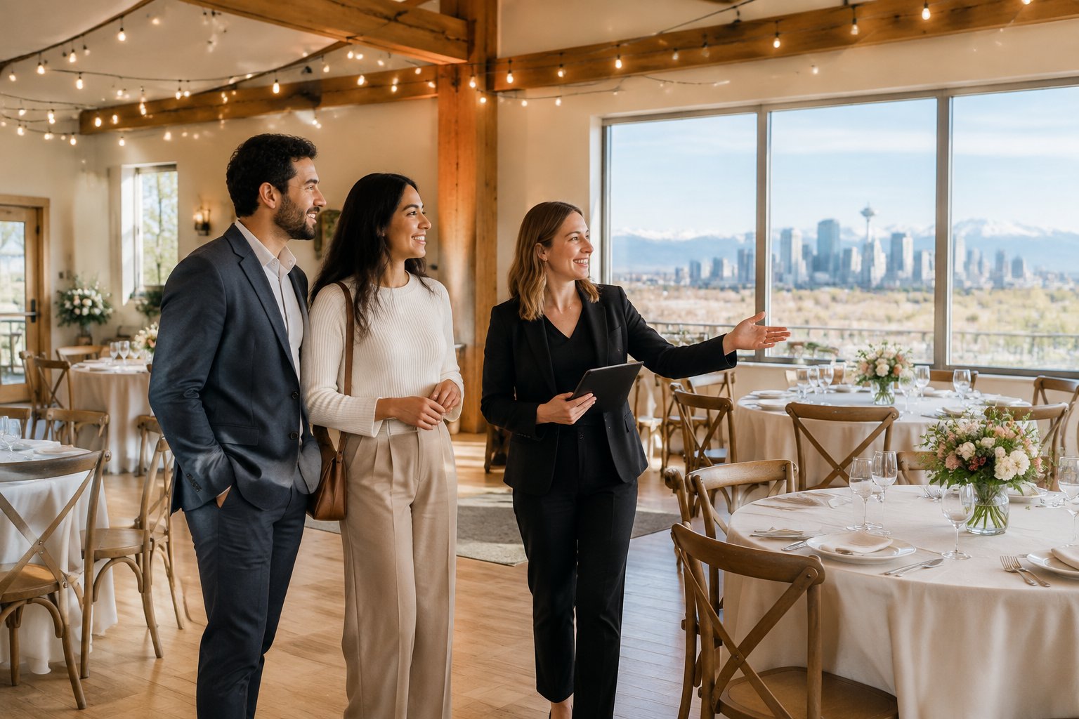 A couple tours a modest, warmly decorated wedding venue in Calgary with a coordinator.