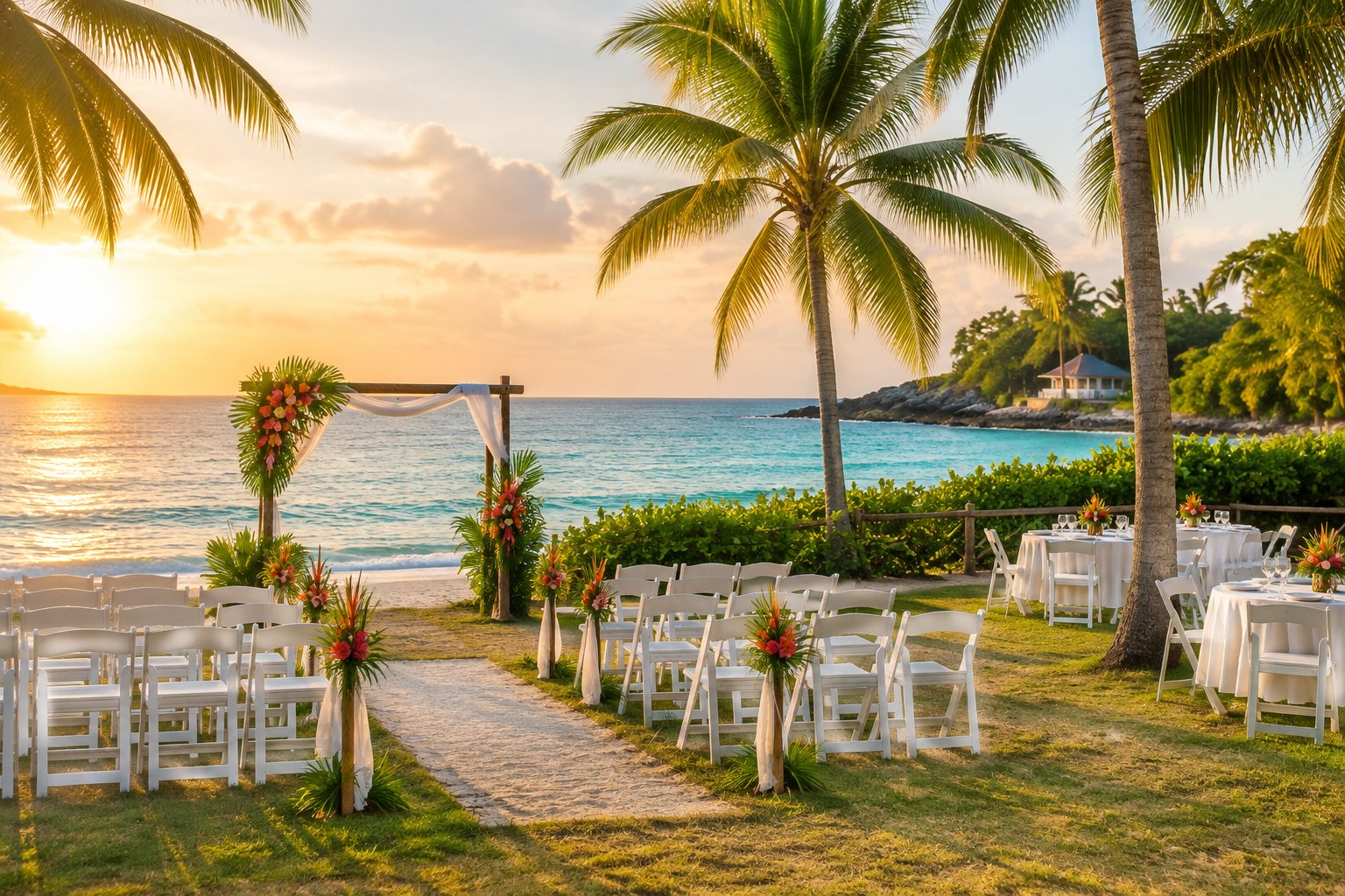 A simple tropical wedding venue beside the Jamaican coast with palm trees, white chairs, and a decorated ceremony arch.