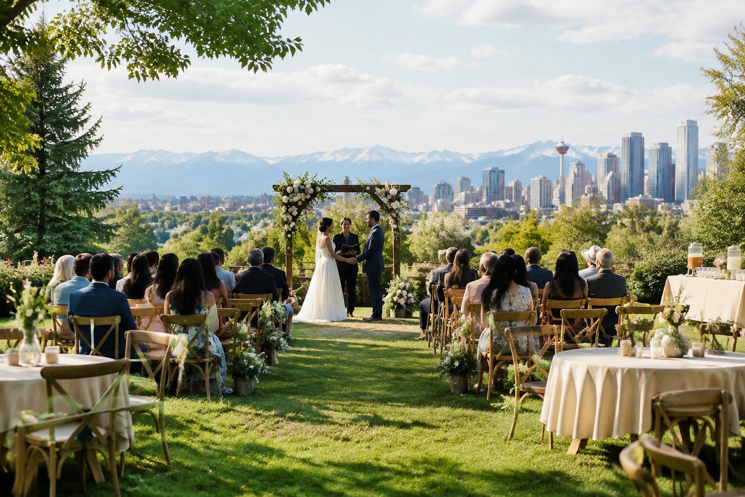 An affordable outdoor wedding venue in a Calgary park with simple chairs, floral decor, and mountains in the background.
