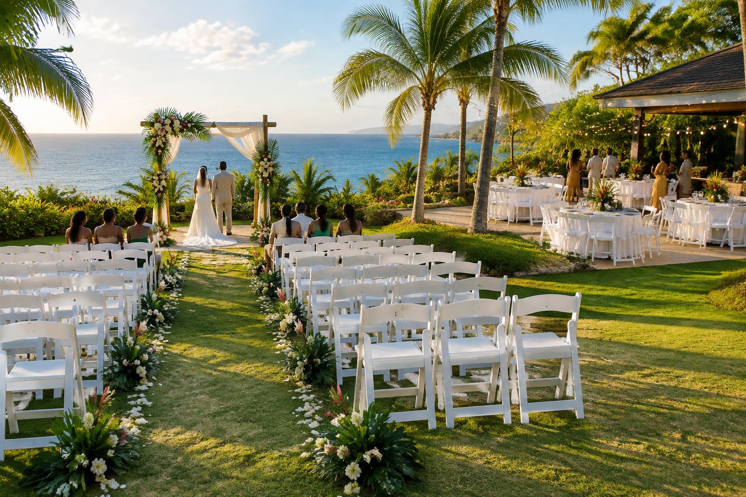An outdoor Jamaican wedding venue arranged for both a ceremony and reception, with tropical greenery, decorated chairs, and reception tables.