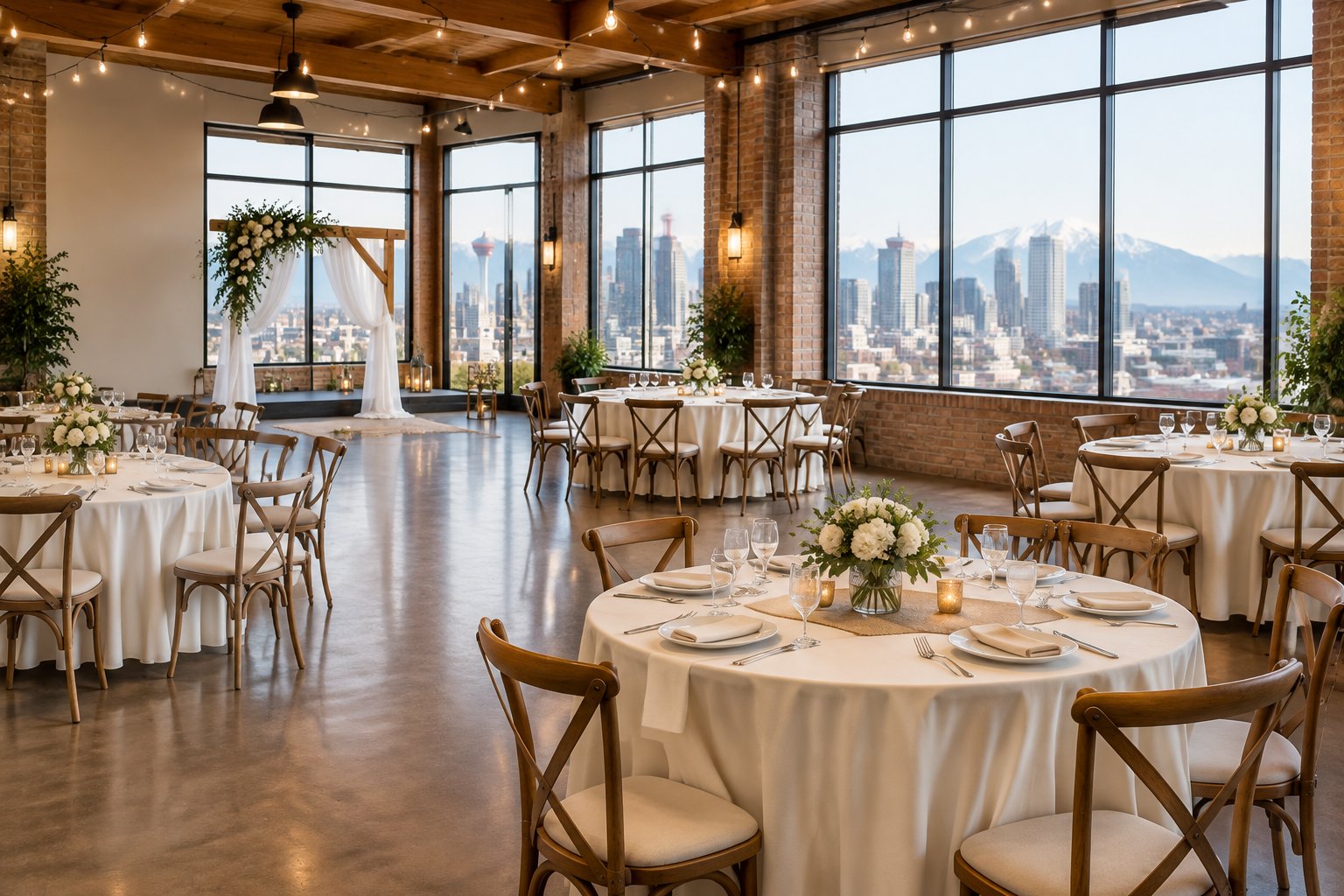 An affordable wedding reception venue in Calgary with simple floral centerpieces, neatly arranged tables, and a city view through large windows.