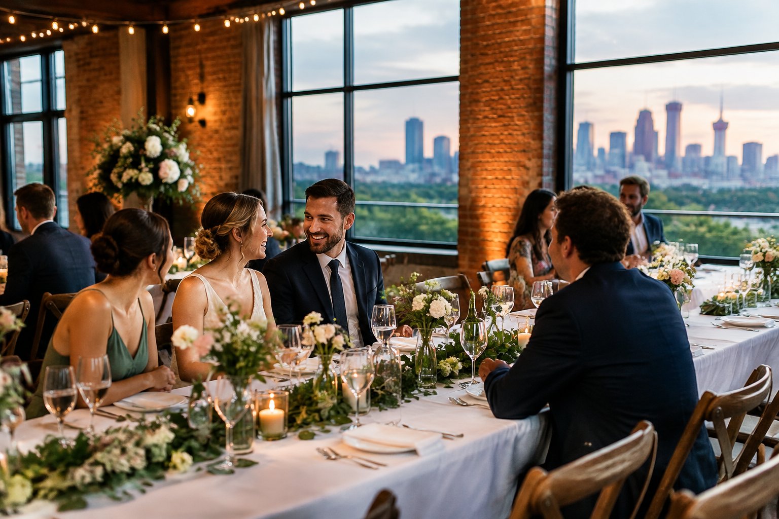An elegant, modest wedding reception set up in a welcoming Calgary venue with simple floral decorations and guests enjoying the space.