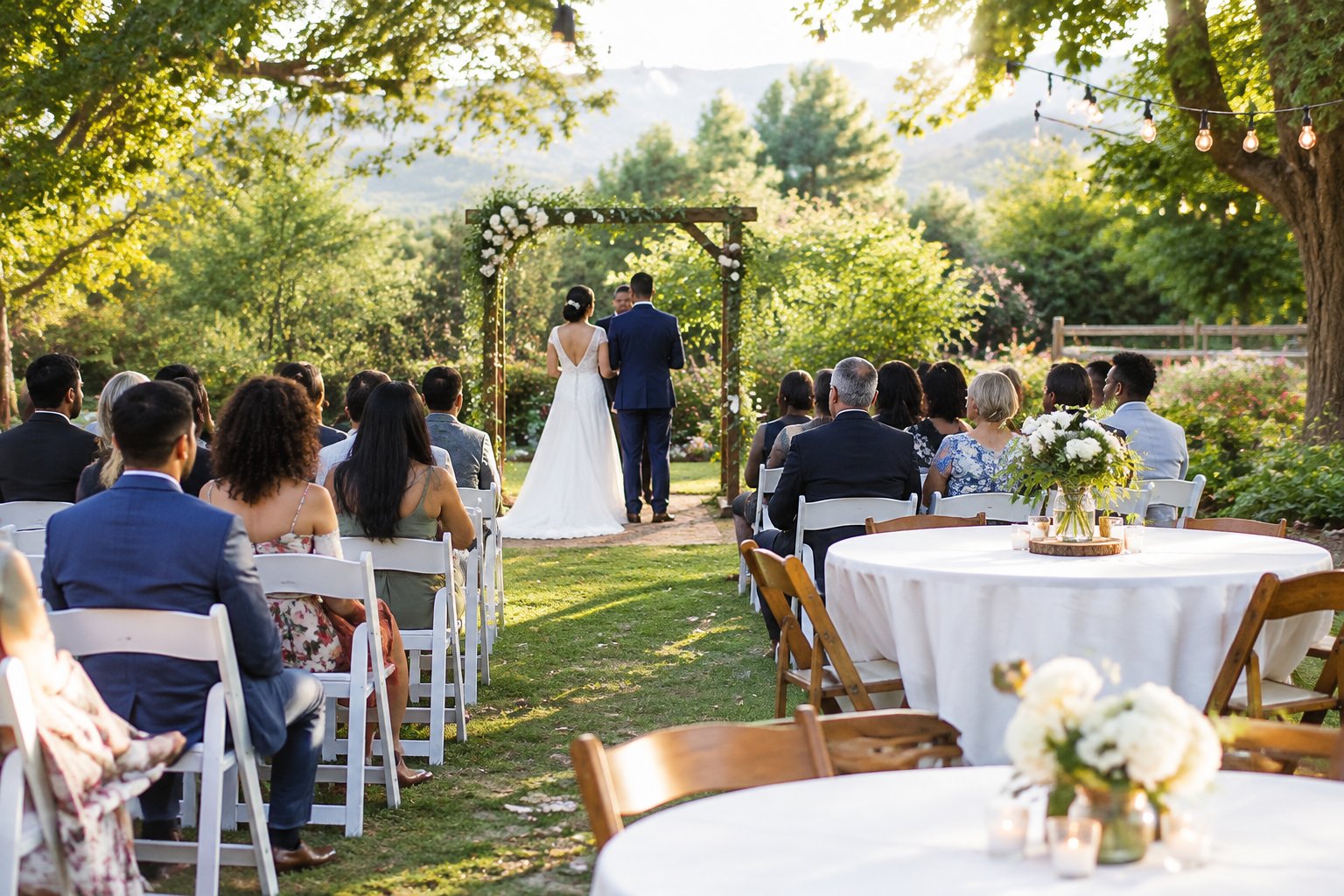A modest outdoor wedding ceremony and reception in a landscaped community garden with simple seating and elegant decorations.