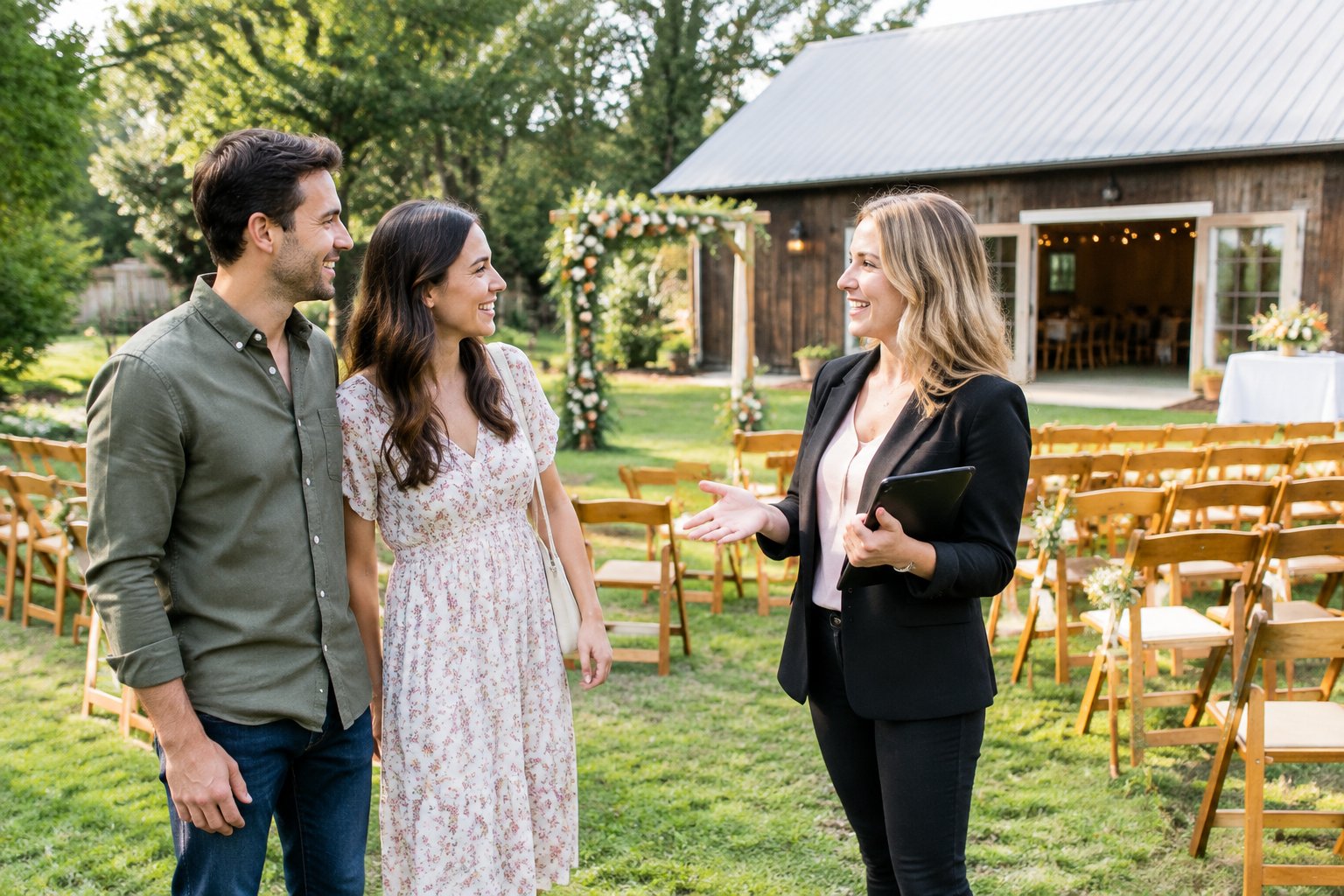 An engaged couple tours a modest garden wedding venue with simple chairs and a floral arch.