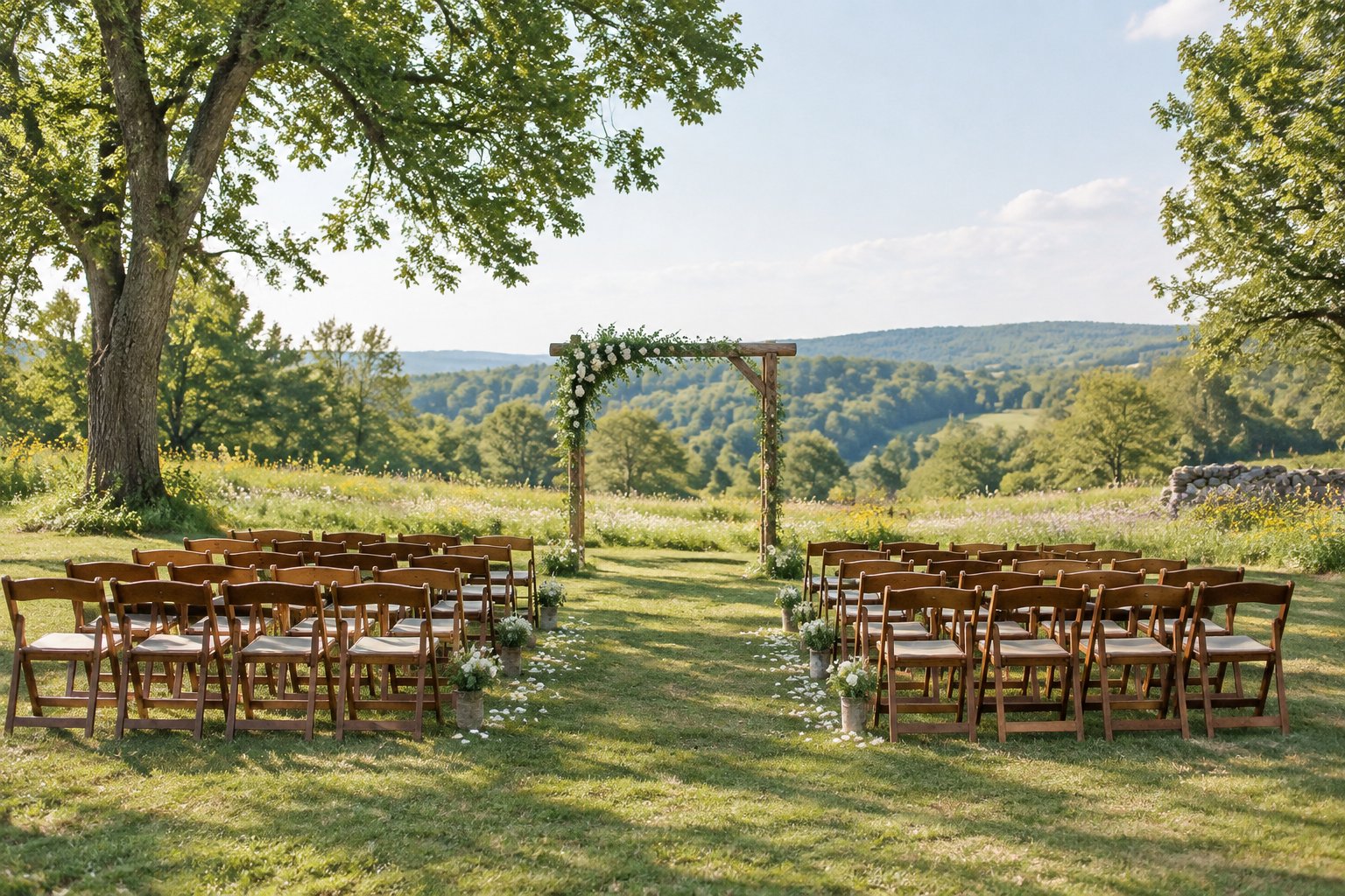 A simple outdoor wedding ceremony setup in a grassy meadow surrounded by trees and natural scenery.