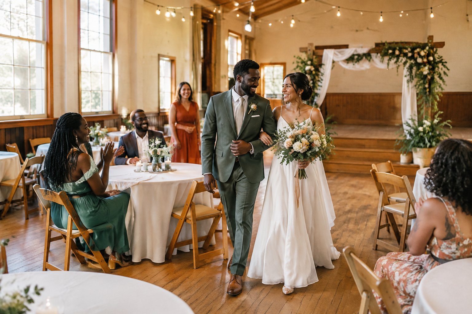 A couple and guests celebrate a modest wedding reception in a welcoming community hall with simple decorations.