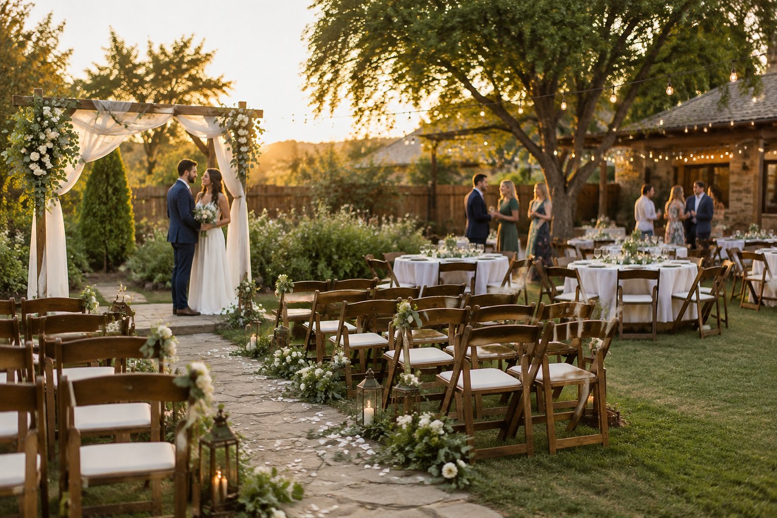 An intimate outdoor wedding ceremony and reception arranged together in a modest garden venue.