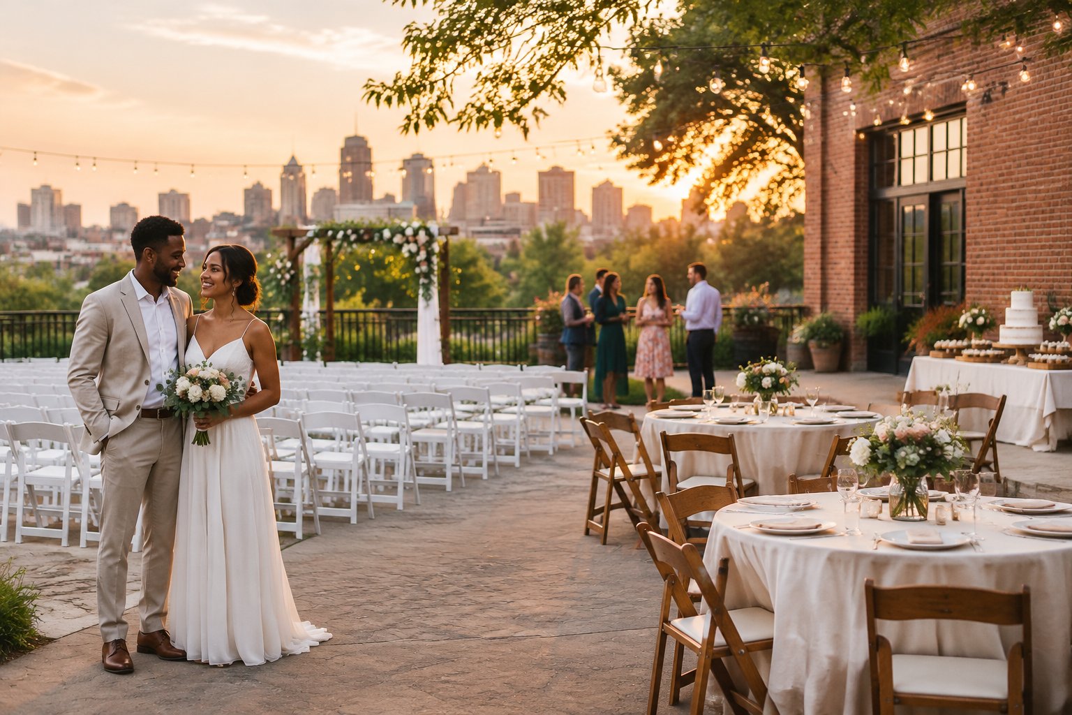 A couple stands beside a simple outdoor wedding ceremony setup at an inviting venue with chairs, flowers, and string lights.