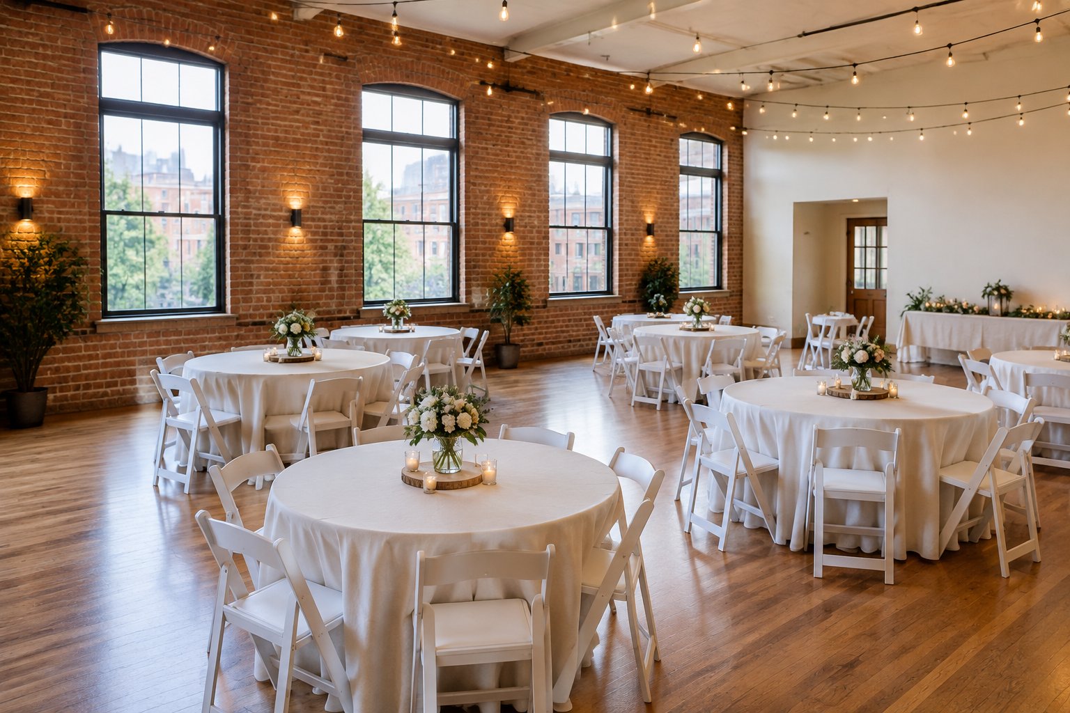 A modest Kansas City wedding venue arranged for an intimate reception with simple tables, chairs, flowers, and warm lighting.