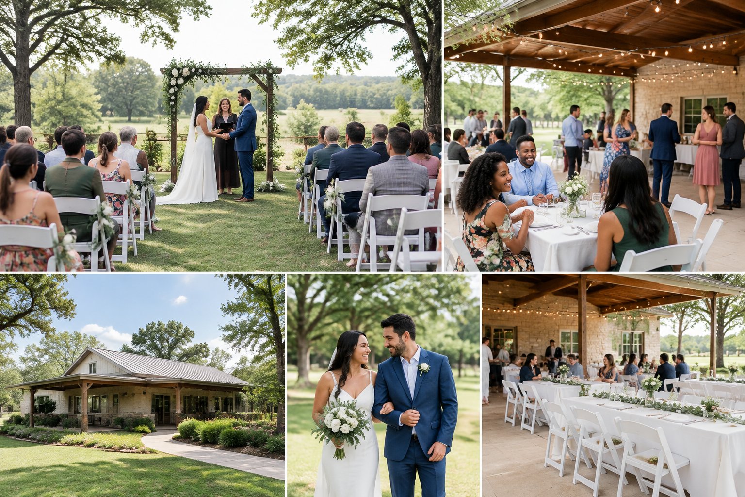 A wedding ceremony and reception set up in a modest outdoor venue with guests celebrating.