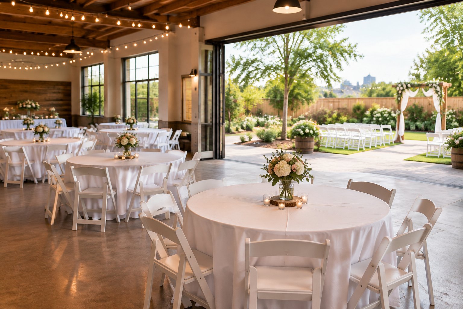 A decorated wedding venue with tables, chairs, flowers, and string lights.
