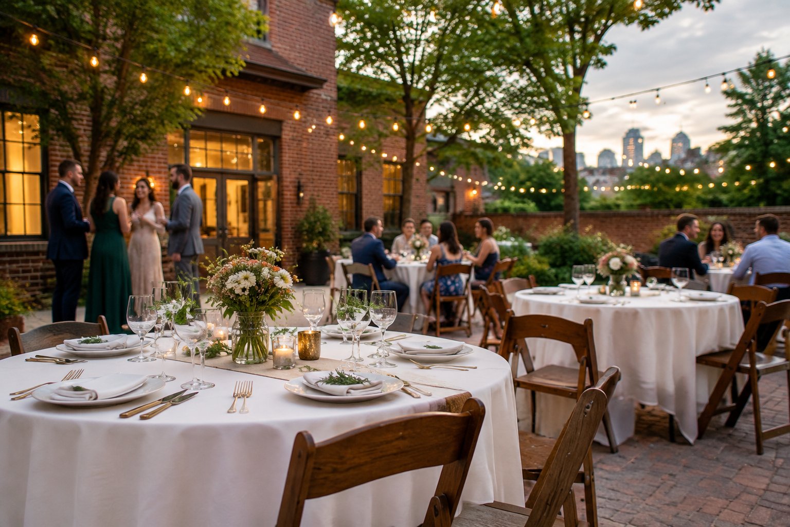 A modest Kansas City wedding reception with simple floral decorations, warm lights, and guests celebrating in a neighborhood venue.
