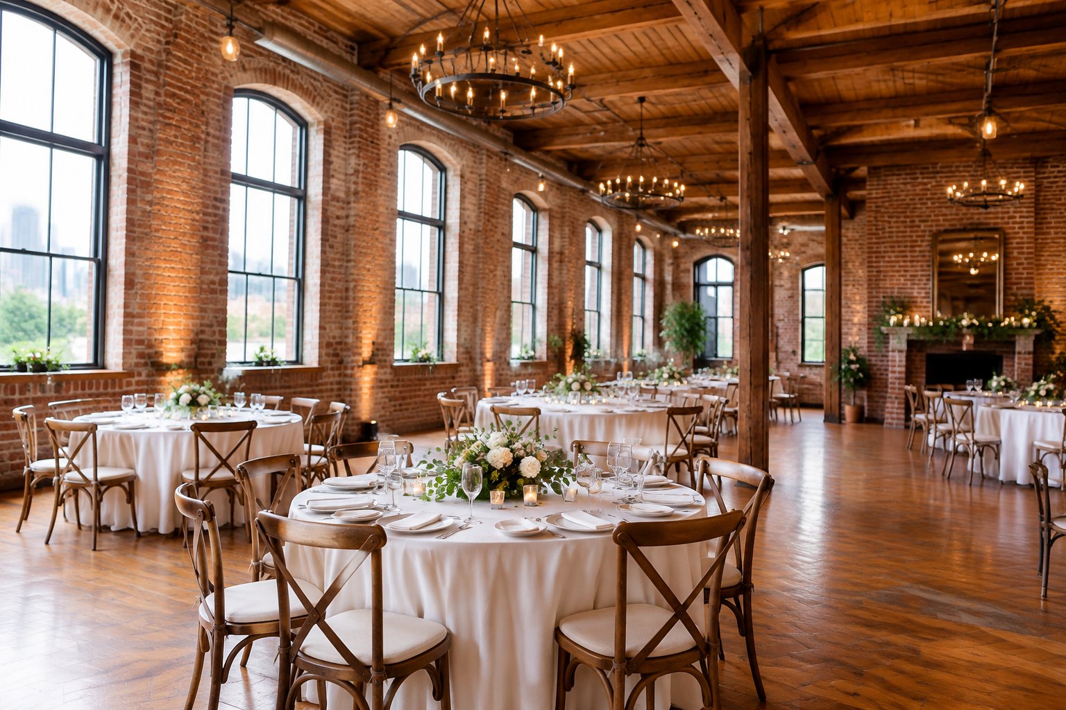 A warmly lit wedding reception setup inside a charming historic venue with exposed brick, tall windows, simple floral décor, and wooden floors.