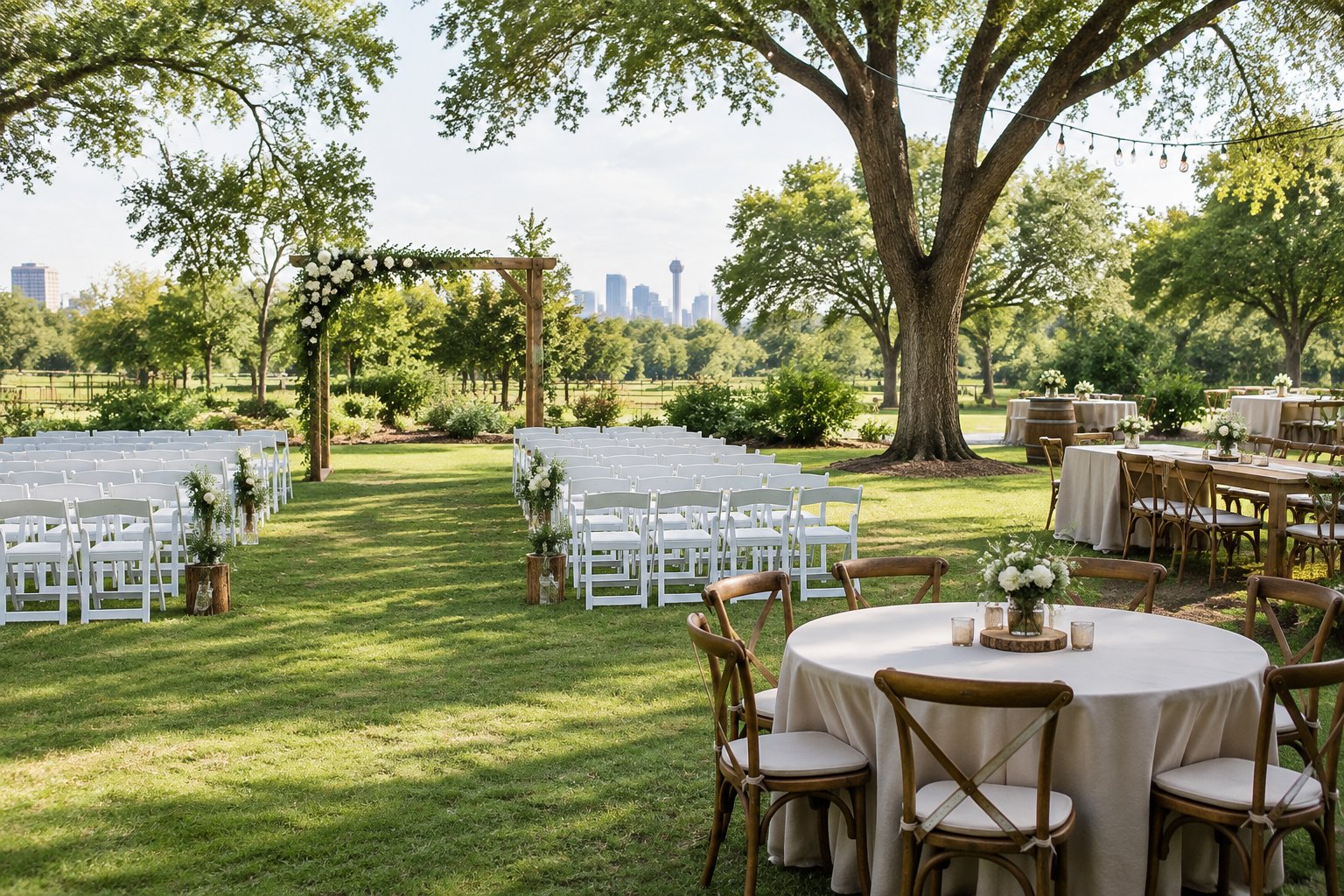 An affordable outdoor wedding setup with a decorated arbor, white chairs, and simple reception tables in a leafy park.